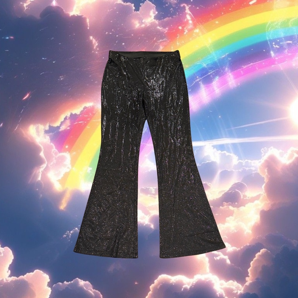 Black Glitter Flare Pants • Y2K Disco Night Out NYE Glam • Stretch Waist